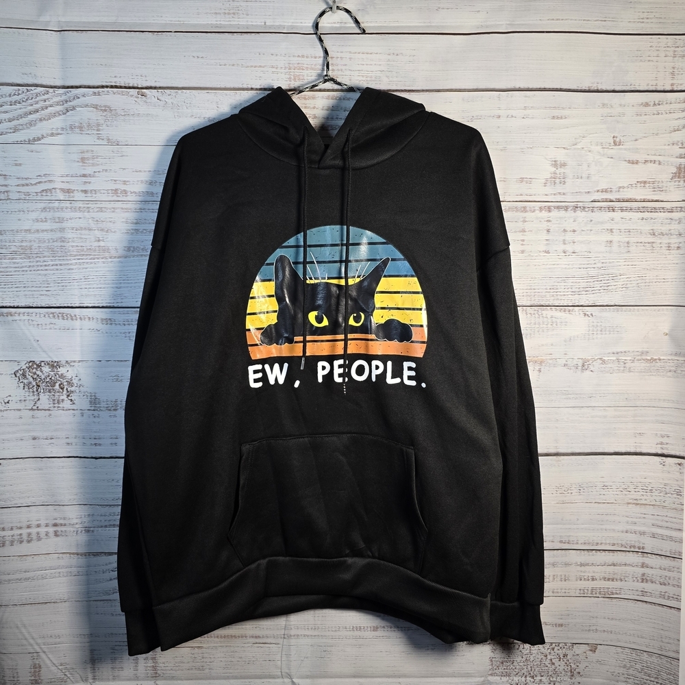 Black “Ew, People” Graphic Cat Hoodie – Unisex XXL Cozy Fit